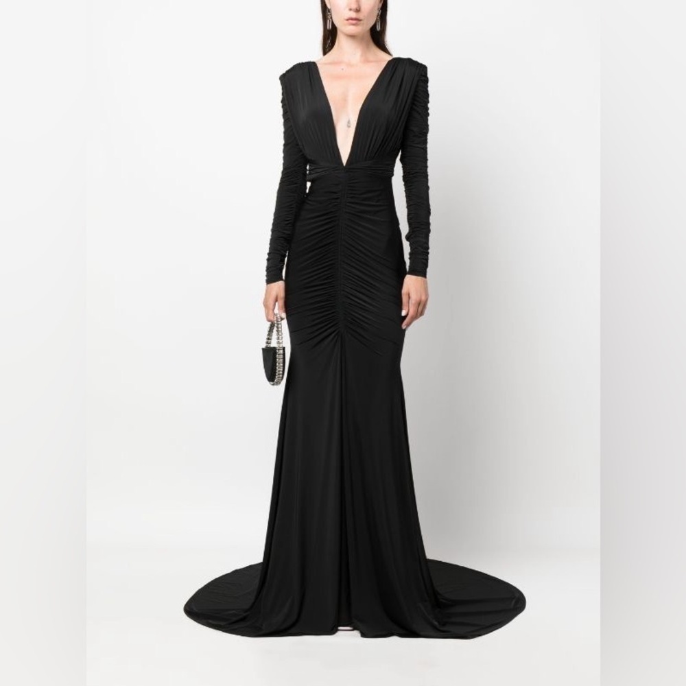 Alex Perry V Neck Ruched Gown Black